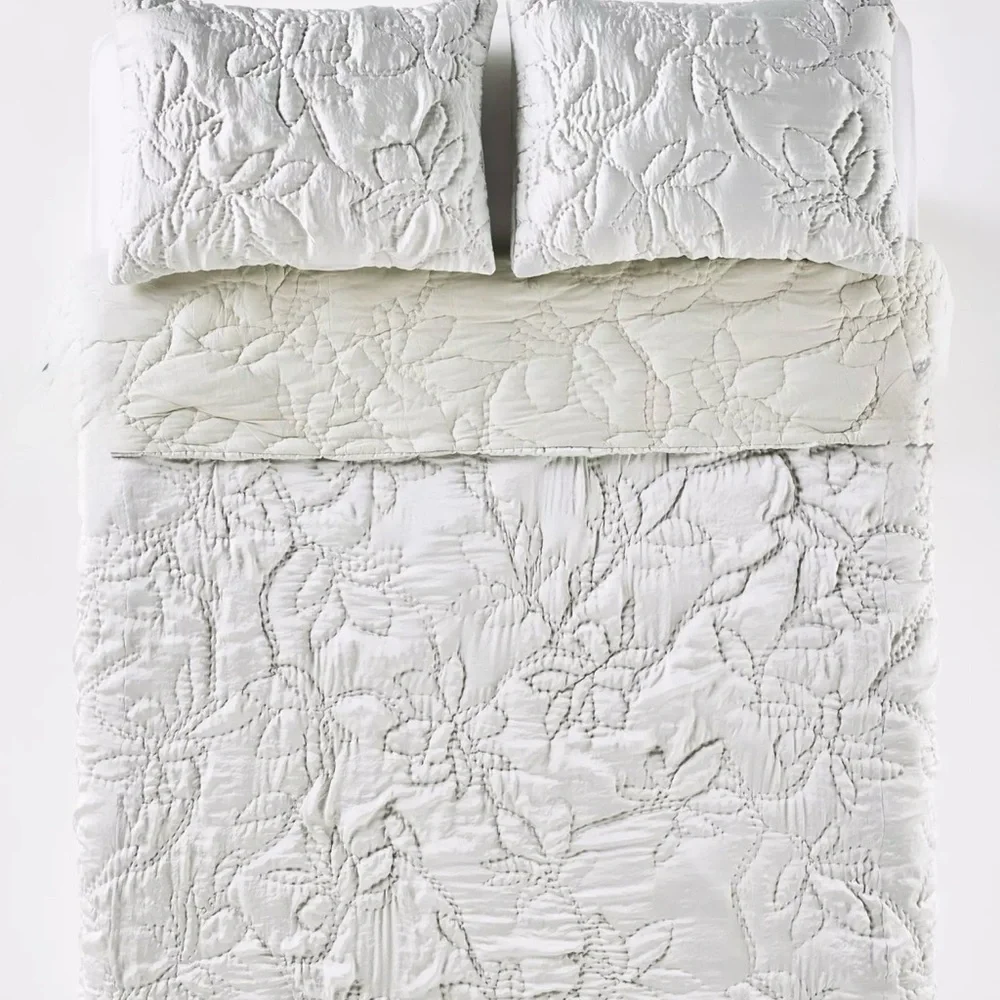 NEW Anthropologie Silky Floral Stitched Quilt, Queen, Pale Sage